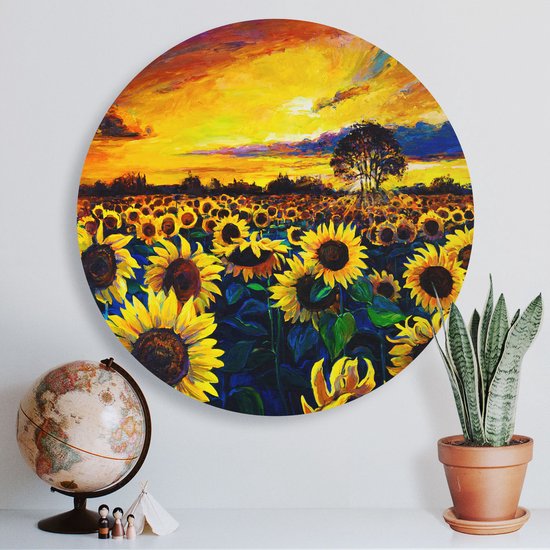 Artaza Cercle mural Dibond dessiné champ de tournesols avec peinture à l'huile - Ø 40 cm - Klein - Cercle mural - Tableau rond - Pour intérieur et extérieur