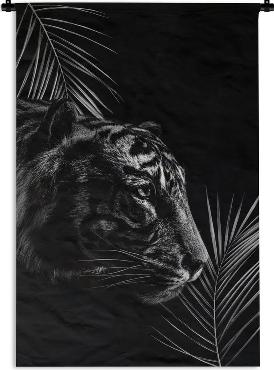 Tapisserie murale - Tissu mural - Flanc d'un tigre fond noir avec branches - noir et blanc - 90x135 cm - Tapisserie