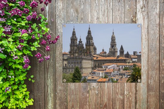 Tuinposter 40x30 cm - Tuindecoratie Cityscape van Santiago de Compostella - Poster voor in de tuin - Buiten decoratie - Schutting tuinschilderij - Tuindoek muurdecoratie - Wanddecoratie balkondoek