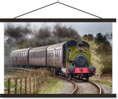 Une locomotive de train à vapeur qui avance avec de la fumée sortant de l'entonnoir affiche textielposter 150x100 cm