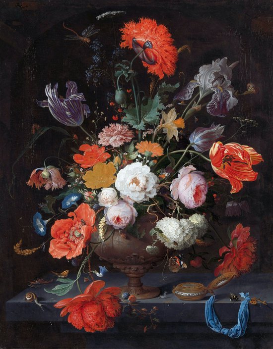 Schilderij op Canvas - 40 x 50 cm - Stilleven met Bloemen en een Horloge - Kunst - Abraham Mignon - Wanddecoratie - Muurdecoratie - Slaapkamer - Woonkamer