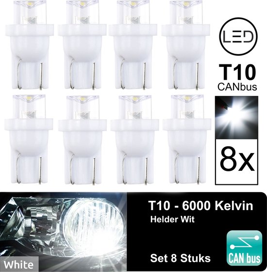 Set 8 stuks) T10 Led Lamp Helder Wit 6000K COB CANBus Foutloos 5W5