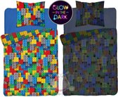 Dekbedovertrek Lego- Glow in the Dark- 1persoons- 140x200- dubbelzijdig- Katoen- bouwstenen- bricks.