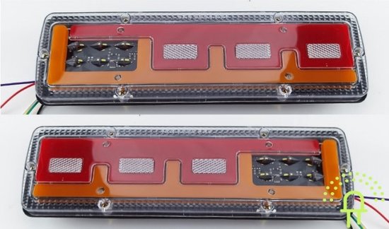 Achterlicht met rode en oranje segmenten, LED's en 5 draden.