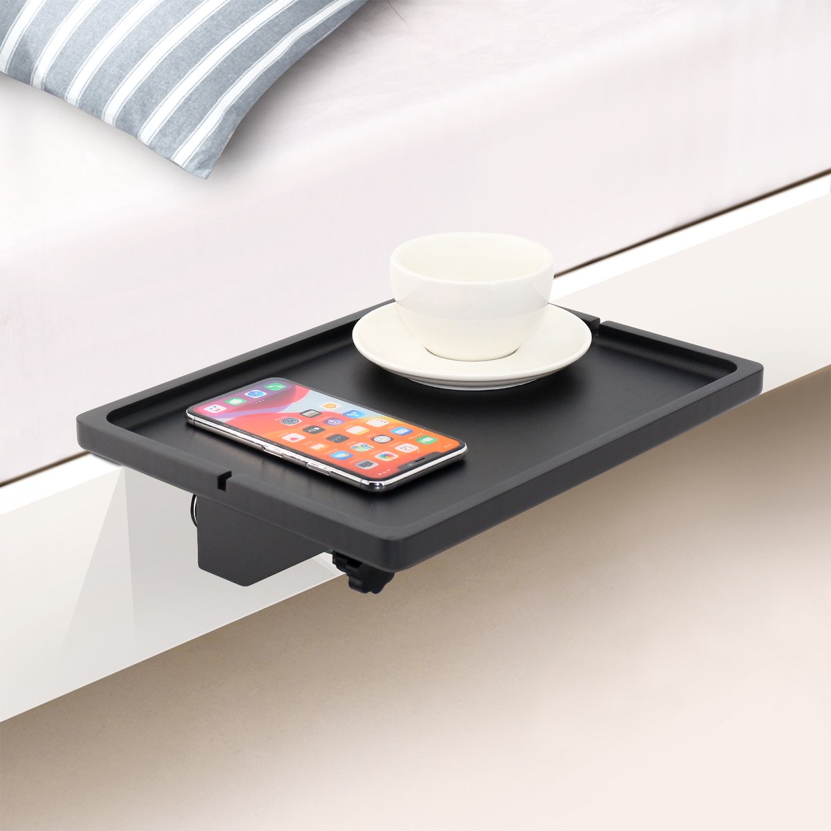 CLESOO Nachtkastje, in hoogte verstelbaar stapelbed, organizer met bekerhouder, tabletsleuf, koordgaten, verlengsokkelhouder en haken, clip-on nachtstand, caddy voor top bunk-organizer