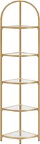 c90 - Hoekrek met 5 etages, boekenkast, staand rek, metalen frame, planken van gehard glas, roestvrij, woonkamer, slaapkamer, keuken, badkamer, modern, goudkleurig LGT810A01
