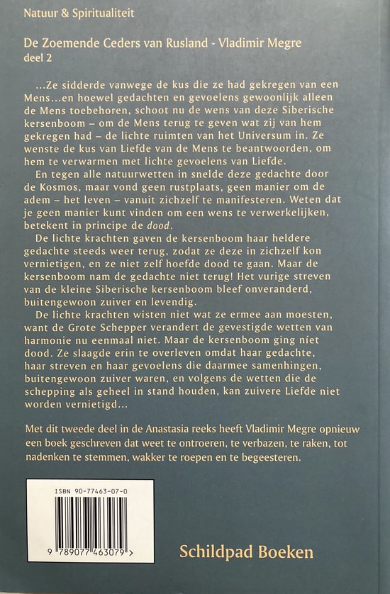 Boekcover van 'De Zoemende Ceders van Rusland' deel 2, met tekst over natuur en spiritualiteit, en een ISBN-barcode.