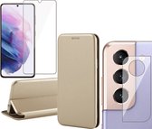 Samsung Galaxy S22 Hoesje - Book Case Lederen Wallet Cover Minimalistisch Pasjeshouder Hoes Goud - Tempered Glass Screenprotector - Camera Lens Protector