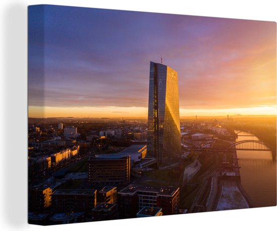Tableau sur toile Vue aérienne du coucher de soleil à la Banque centrale européenne à Francfort, Allemagne - 120x80 cm - Décoration murale