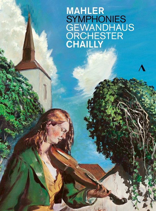 Boekomslag met een schilderij van een vrouw die viool speelt, met op de achtergrond een kerk en bomen. Tekst 'MAHLER SYMPHONIES GEWANDHAUS ORCHESTER CHAILLY'.