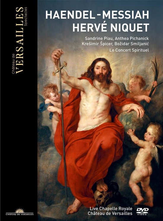 Jezus Christus met een draak en twee cherubijnen op een wolk, met de tekst "Haendel-Messiah Hervé Niquet".