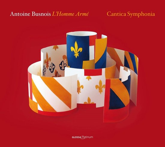 Cantica Symphonia, Antoine Busnois L'Homme Armé CD-hoes met rode achtergrond, met een gespiraliseerde band met de kleuren blauw, geel, oranje en wit en fleur-de-lis motief.