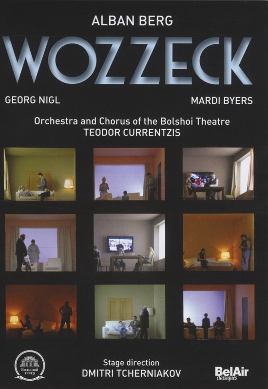 DVD-hoes voor de opera Wozzeck met negen kleine afbeeldingen van scènes uit de opera, de cast en de crew. Met de titel 'Wozzeck', namen van castleden en crew.