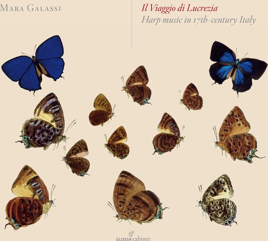 Een collage van bruine en blauwe vlinders op een crèmekleurige achtergrond. De titel "Il Viaggio di Lucrezia" is rechtsboven in rode letters.