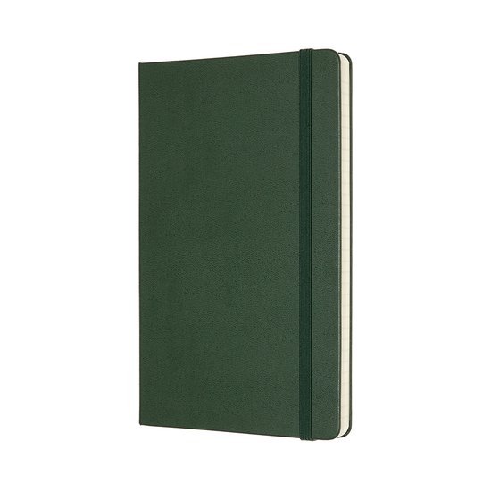 Groen moleskine notitieboek, van opzij gezien, met elastische band en een groen lint.