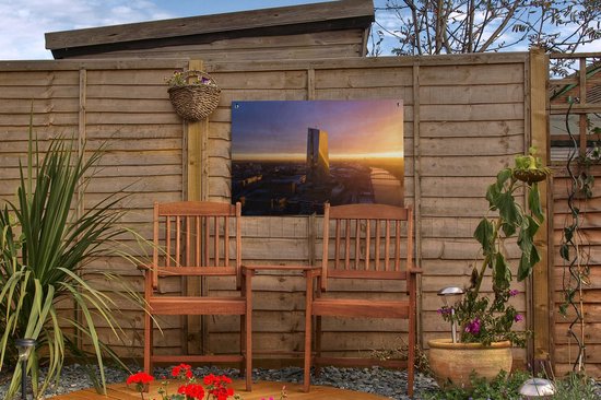 Décoration de jardin Vue aérienne du coucher du soleil à la Banque centrale européenne à Francfort, Allemagne - 60x40 cm - Affiche de jardin - Toile de jardin - Affiche d'extérieur