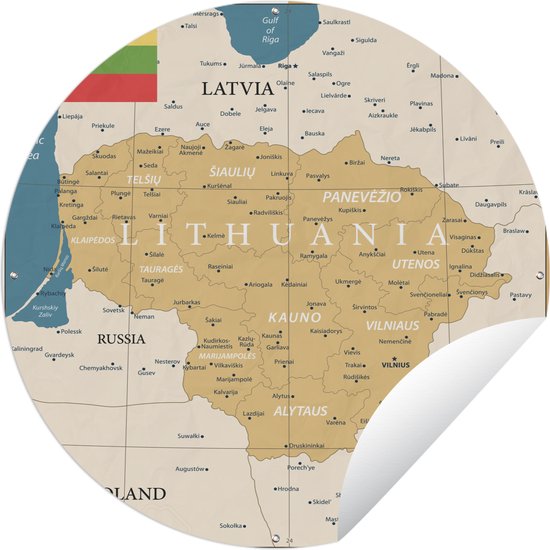 Tuincirkel Kaart van Litouwen met vlag - 120x120 cm - Ronde Tuinposter - Buiten XXL / Groot formaat!