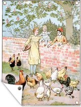 Tuinschilderij Illustratie van het voeren van de kippen op de boerderij - 60x80 cm - Tuinposter - Tuindoek - Buitenposter