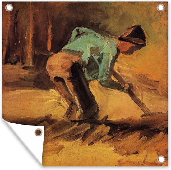Tuinposters Man stooping with stick or spade - Schilderij van Vincent van Gogh - 50x50 cm - Tuindoek - Buitenposter
