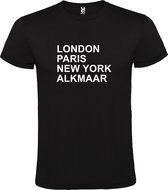 Zwart t-shirt met " London, Paris , New York, Alkmaar " print Wit size S