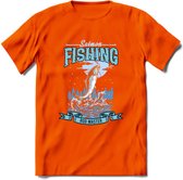 Fishing - Vissen T-Shirt | Grappig Verjaardag Vis Hobby Cadeau Shirt | Dames - Heren - Unisex | Tshirt Hengelsport Kleding Kado - Oranje - XL