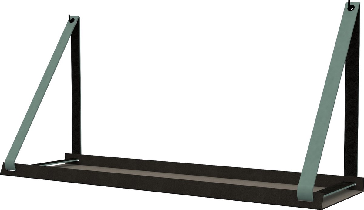 Handles and more - Stalen wandplank zwart 98cm + leren plankdragers Vaalgroen