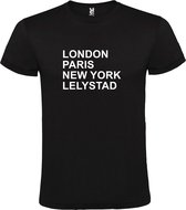 Zwart t-shirt met " London, Paris , New York, Lelystad " print Wit size XXXXL