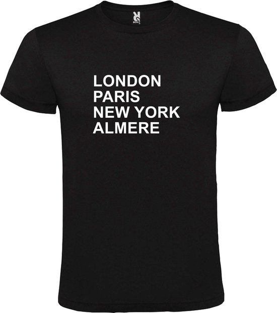 Zwart t-shirt met " London, Paris , New York, Almere " print Wit size XXXL