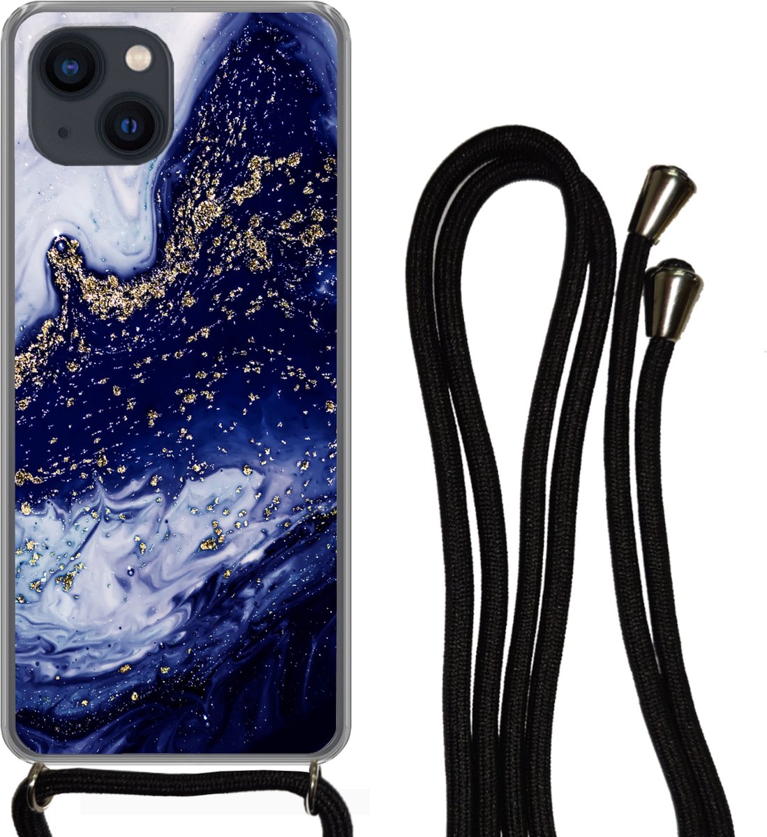 Telefoonkoord - Telefoonketting - Telefoonhoesje Geschikt voor iPhone 13 - Marmer print - Goud - Natuurstenen - Siliconen - Crossbody - Telefoonhoesje met koord Telefoonhoesje