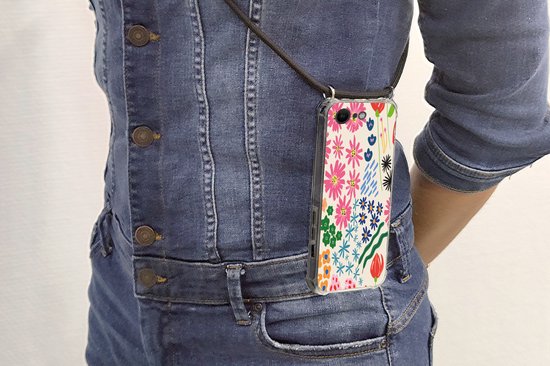 Coque avec cordon iPhone SE 2020 - Bloem - Feuilles - Fleurs sauvages - Siliconen - Bandoulière - Coque arrière avec cordon - Coque pour téléphone avec cordon - Coque avec corde