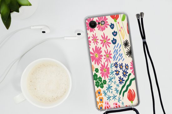Coque avec cordon iPhone SE 2020 - Bloem - Feuilles - Fleurs sauvages - Siliconen - Bandoulière - Coque arrière avec cordon - Coque pour téléphone avec cordon - Coque avec corde