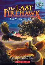 De illustratie toont 'The Last Firehawk: The Whispering Oak'. Twee vogels, één oranje en één blauw, vliegen. Op de rug van de oranje vogel zit een eekhoorn.