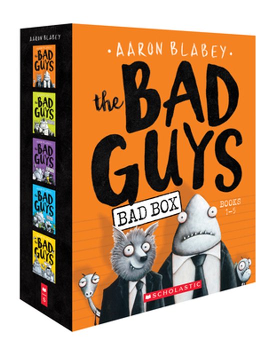 La boîte 'The Bad Guys Bad Box' avec les livres 1-5. La couverture montre un dessin d'un loup et d'un requin portant des cravates sur fond orange.