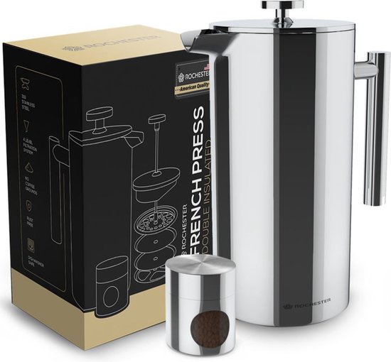 Rochester french press - cafetiere met bonenpotje - koffiemaker - 1 liter - vaatwasserbestendig – dubbelwandig - rvs