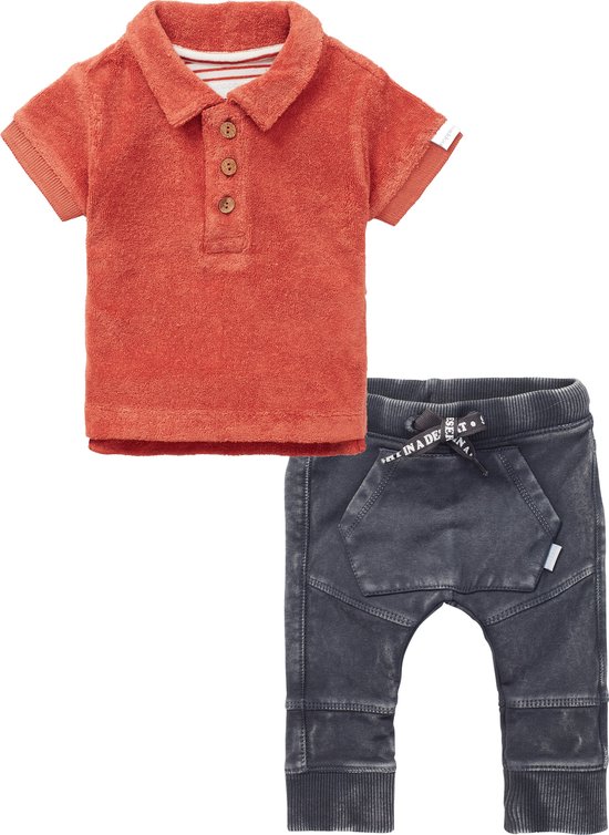 Noppies - Kledingset - 2delig - Broek Grijs - Polo Shirt bruin rood - Maat 62