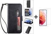 Luxe Telefoonhoesje voor Samsung Galaxy S22 Plus | Hoogwaardig Leren Bookcase | Lederen Wallet Case | Pasjeshouder | Zwart + 1x Screenprotector