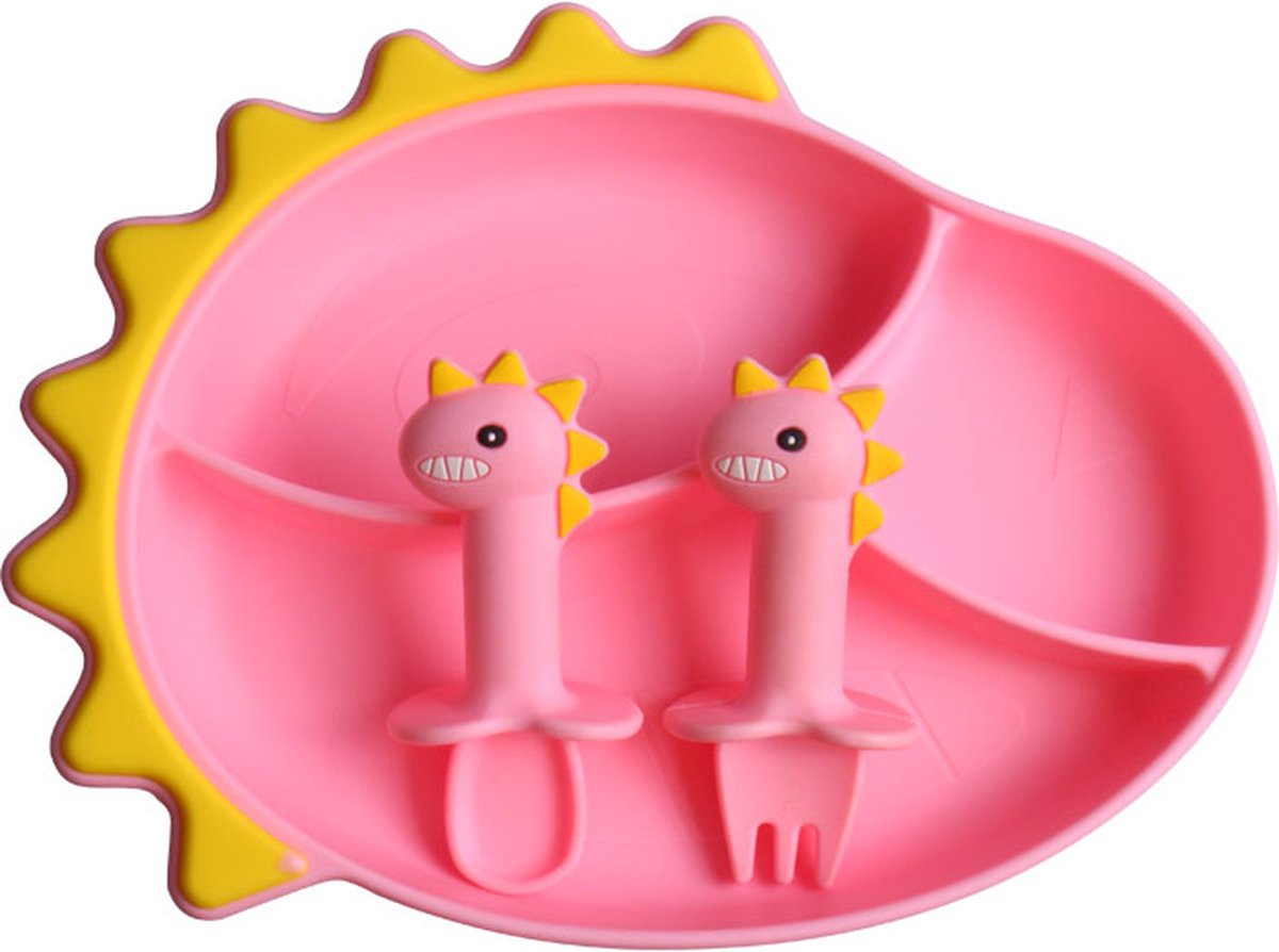 Pipip - Siliconen bord dinosaurus- Dino lepel en vork - Baby Bordjes - Kinderservies - Kinderbord - met zuignap - Roze