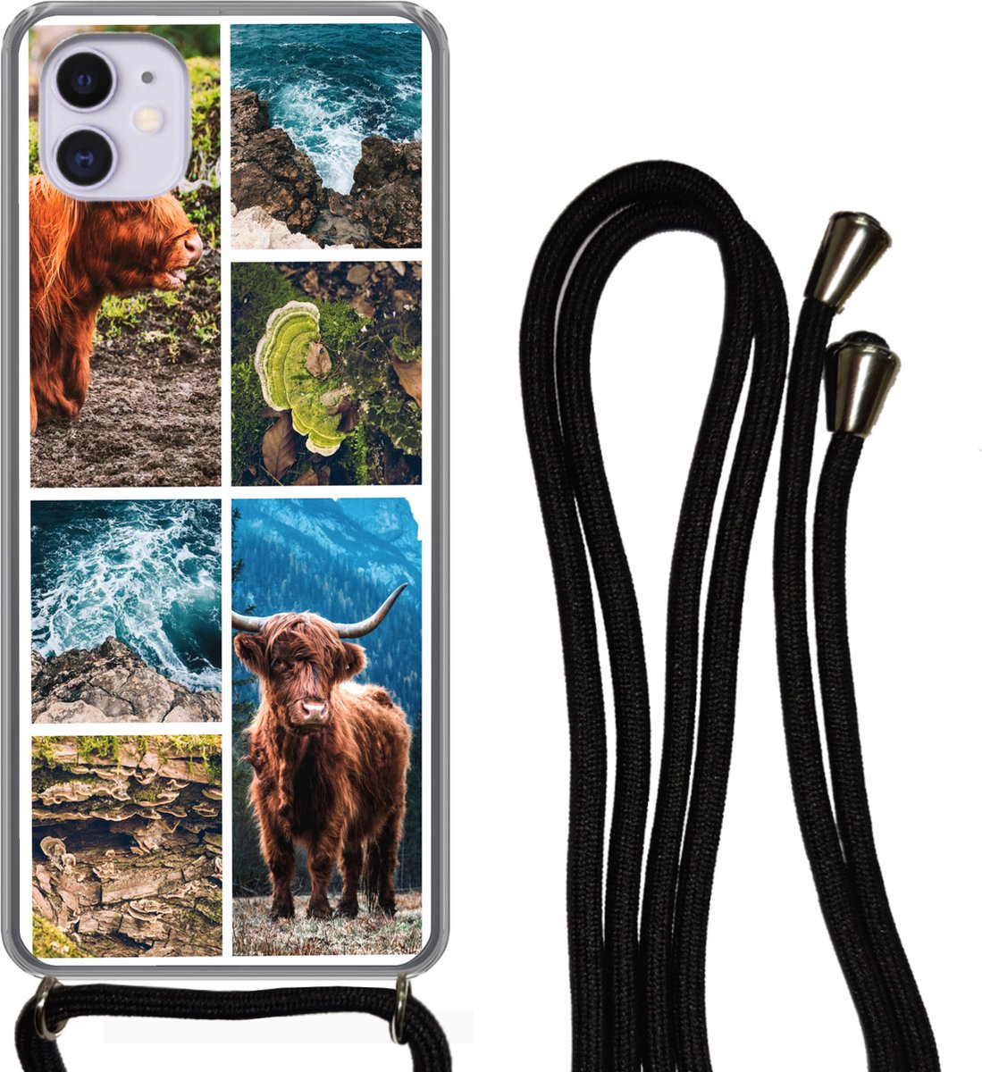 Telefoonhoesje Geschikt voor iPhone 11 - Schotse hooglander - Natuur - Collage - Siliconen - Crossbody - Backcover met Koord - Telefoonhoesje met koord - Hoesje met touw Telefoonhoesje