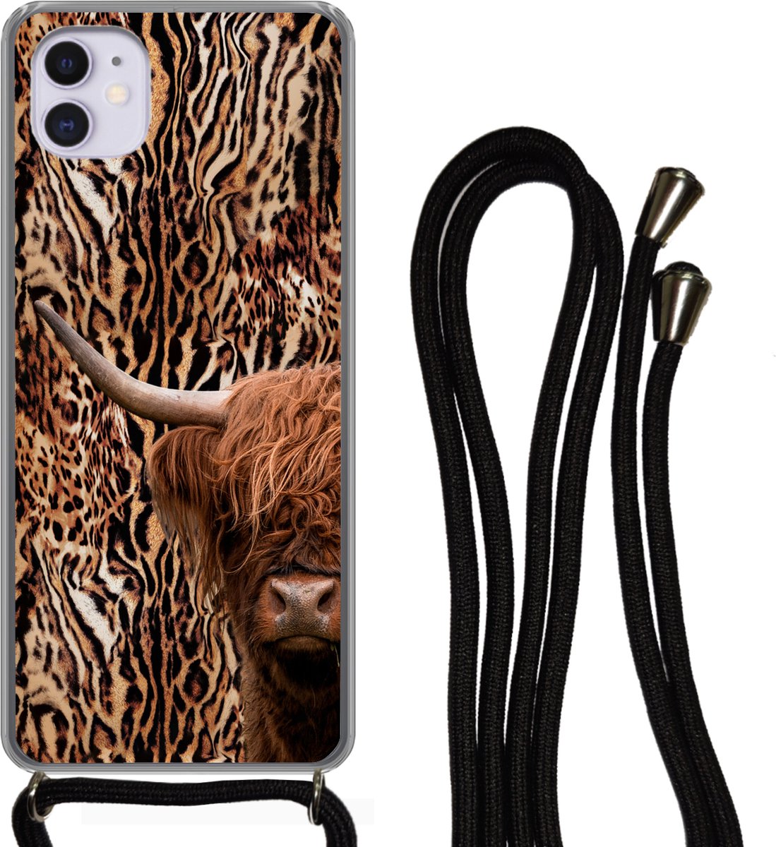 Telefoonhoesje Geschikt voor iPhone 11 - Schotse hooglander - Koe - Panterprint - Siliconen - Crossbody - Backcover met Koord - Telefoonhoesje met koord - Hoesje met touw Telefoonhoesje