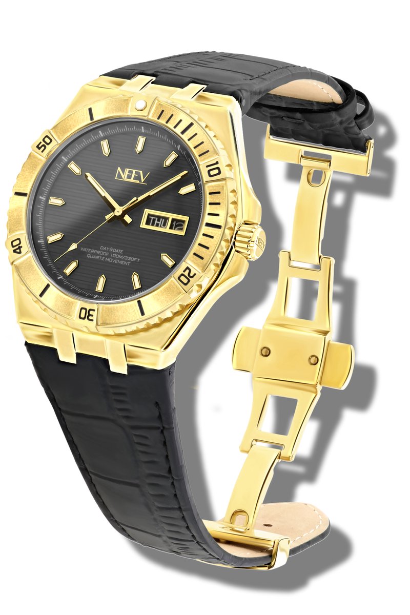 NEEV - Zimann | Goud horloge | Horloges voor Mannen | Ø42 mm | Leren band zwart | Vlindersluiting | Quartz | Polshorloges heren |