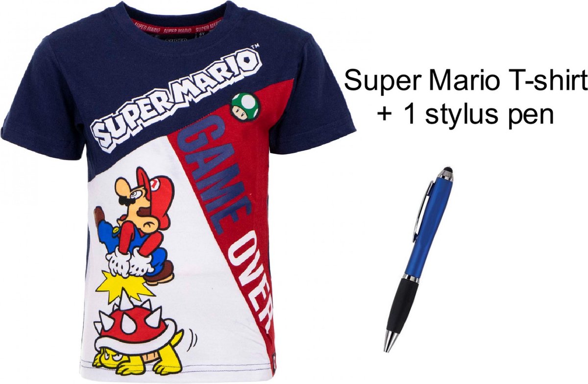 Super Mario Bross T-shirt - Kleur Donkerblauw - 100% Katoen. Maat 104 cm / 4 jaar + EXTRA 1 Stylus Pen.