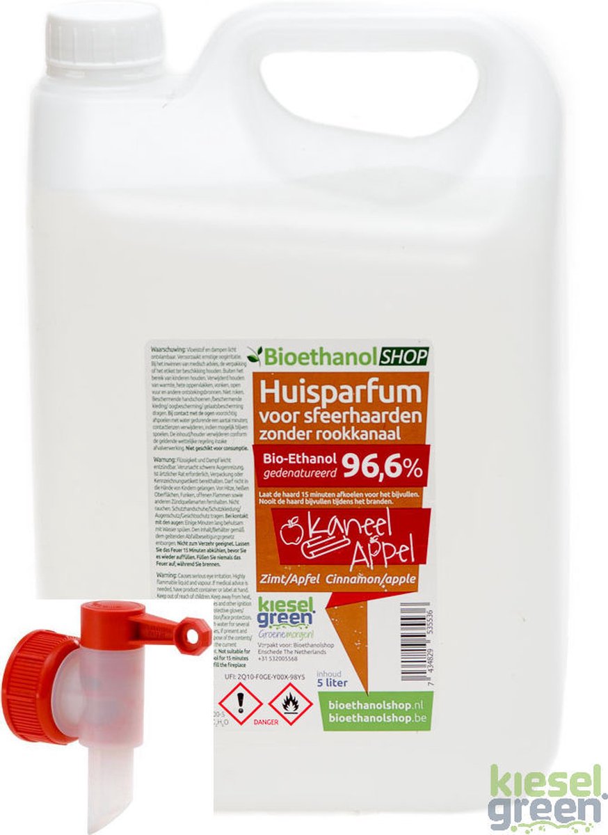 Bio ethanol met Appel- en Kaneelgeur- Premium bio-ethanol 96,6% biobrandstof -5 liter (incl. dopkraan)