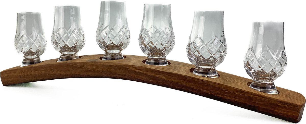 Whiskyglashouder van oude whiskyvaten met 6 Glencairn Cut Whiskyglazen - Darach en Glencairn Crystal Scotland