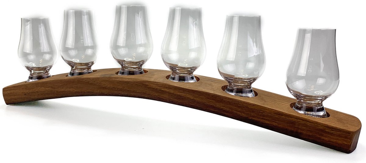Whiskyglashouder van oude whiskyvaten met 6 Glencairn Whiskyglazen - Darach en Glencairn Crystal Scotland