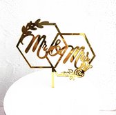 Taart Decoratie - Bruiloft - Taarttopper - Mr & Mrs - Goud - Bloemen