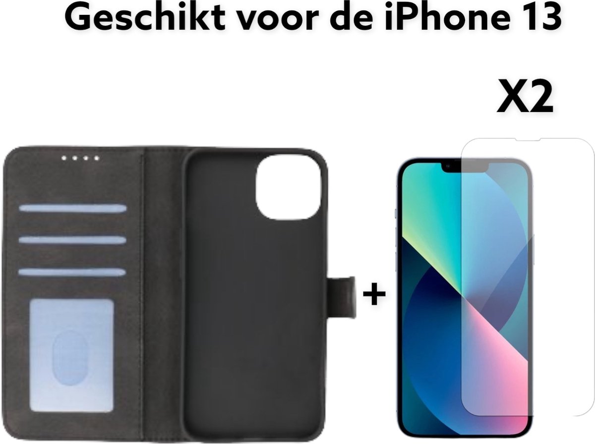 Apple Iphone 13 hoesje bookcase zwart met kaart houder + 2x screen protector / iphone 13 hoesje boekcase black wallet case + 2x tempert glas