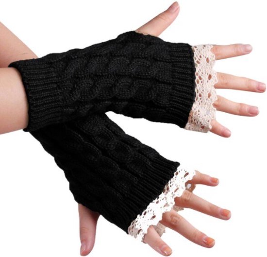 Winkrs© - Zwarte Polswarmers met kant - Dames - Vingerloze handschoenen voor Dames - Gebreid Acryl - Warme handen en polsen