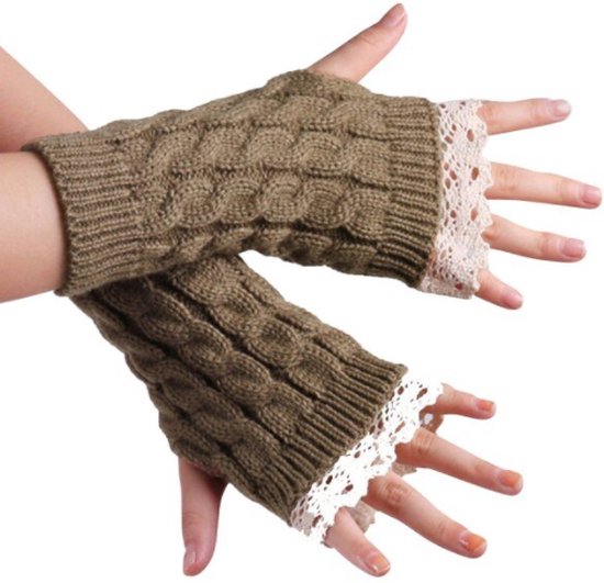 Bruine Polswarmers met kant - Vingerloze handschoenen Dames