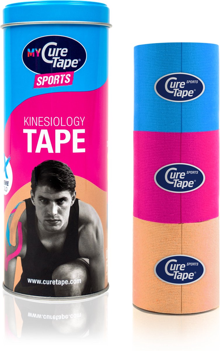 My CureTape® Sports Blauw, pink en beige - koker met 3 rollen: Pink-beige-blauw - Extra kleefkracht (kinesiotape, kinesiologie tape, fysiotape, sporttape) - CureTape