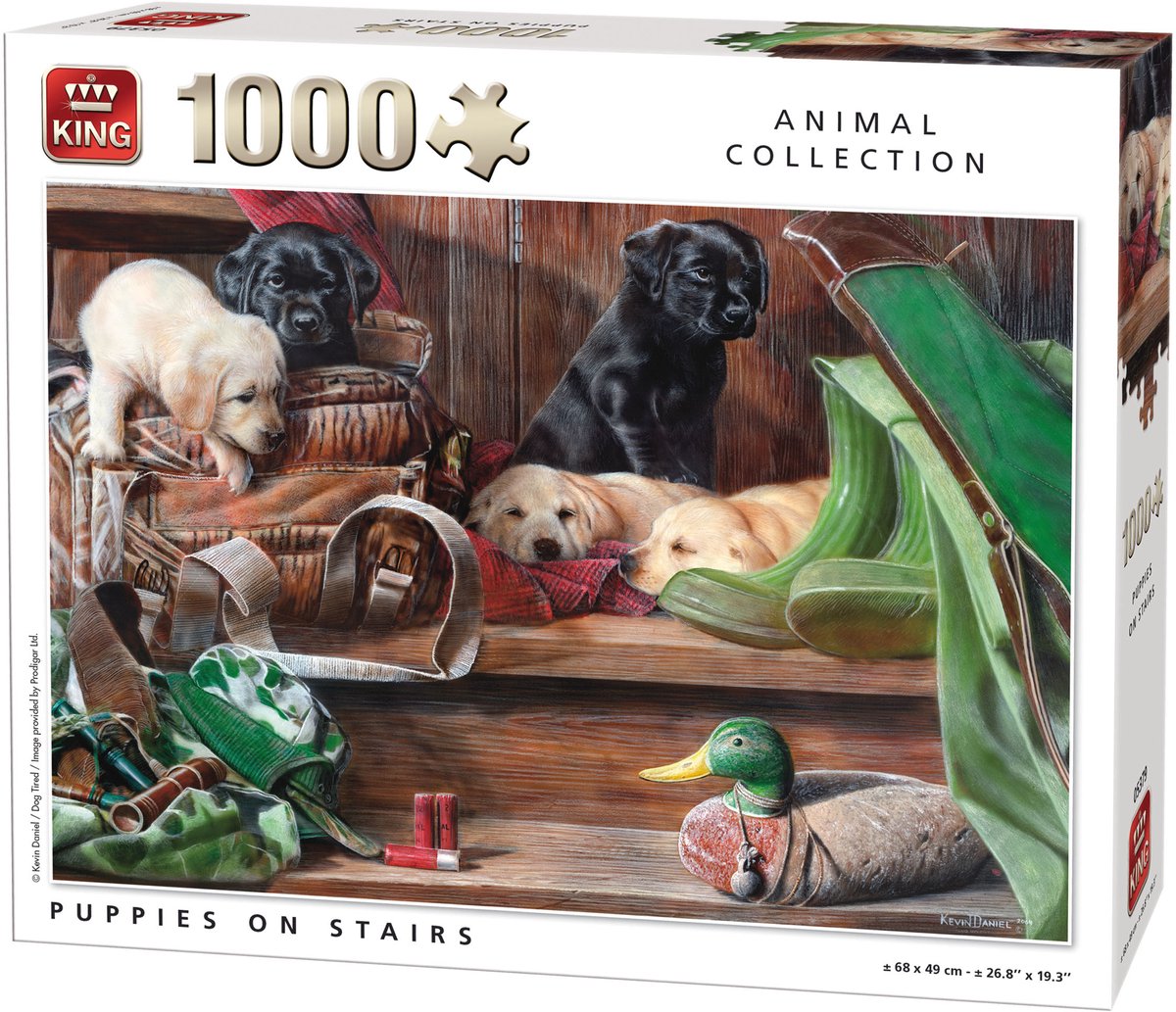 King Puzzel 1000 Stukjes (68 x 49 cm) - Puppies On Stairs - Legpuzzel - Dieren - Volwassenen